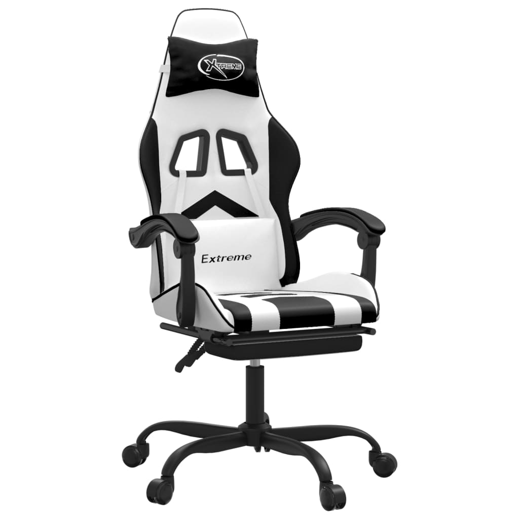 Swivel Gaming Chair with Footrest White&Black Faux Leather