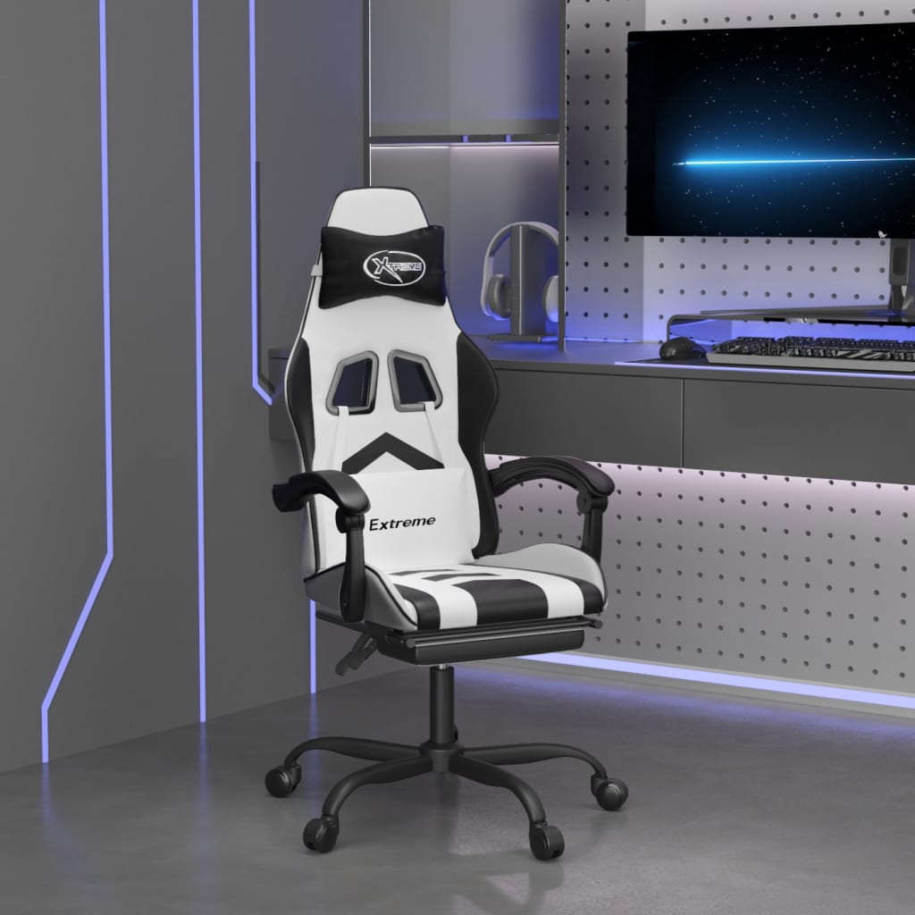 Swivel Gaming Chair with Footrest White&Black Faux Leather