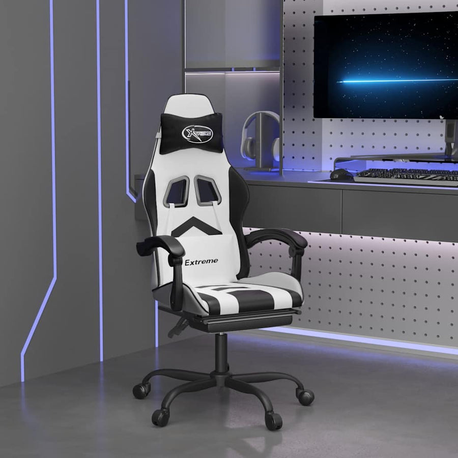 Swivel Gaming Chair with Footrest White&Black Faux Leather