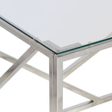 Coffee Table Silver Stainless Steel and Tempered Glass - 45-Degree Angle