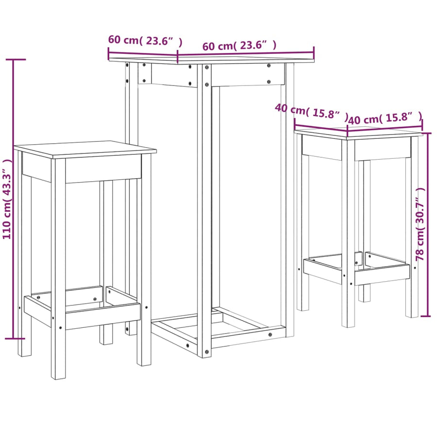 3 Piece Bar Set White Solid Wood Pine