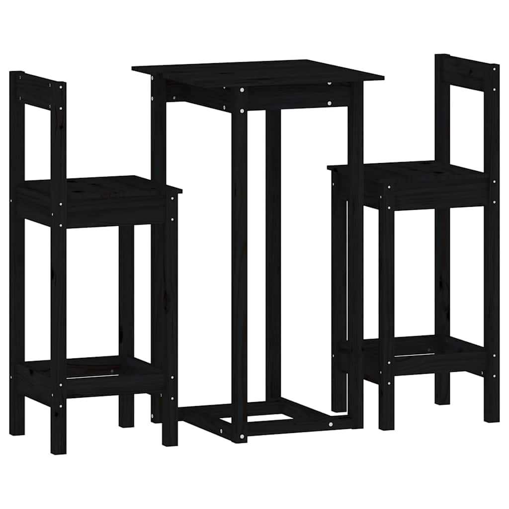 3 Piece Bar Set Black Solid Wood Pine