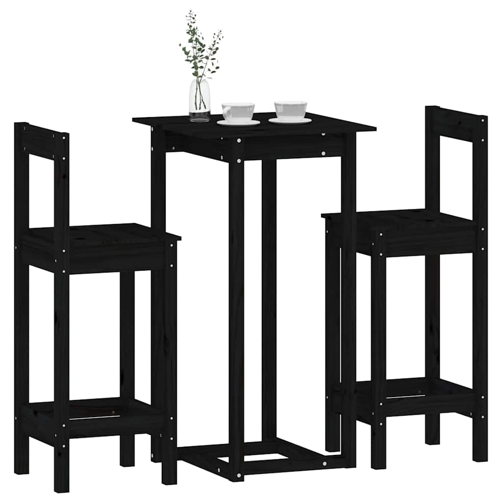 3 Piece Bar Set Black Solid Wood Pine