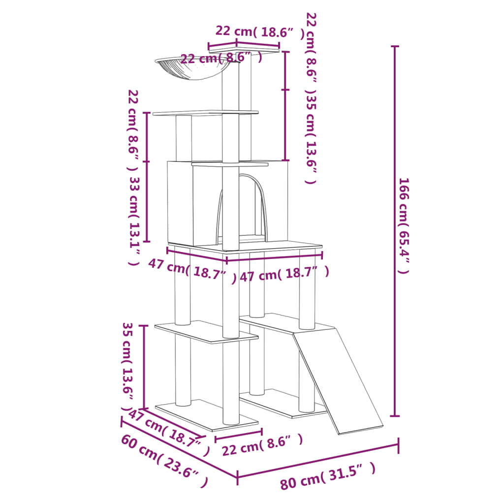 Cat Tree with Sisal Scratching Posts Cream 166 cm