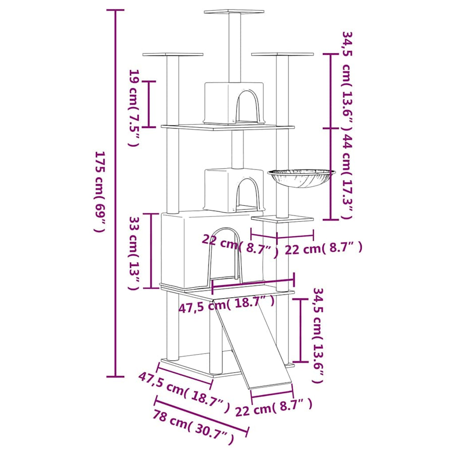 Cat Tree with Sisal Scratching Posts Cream 175 cm
