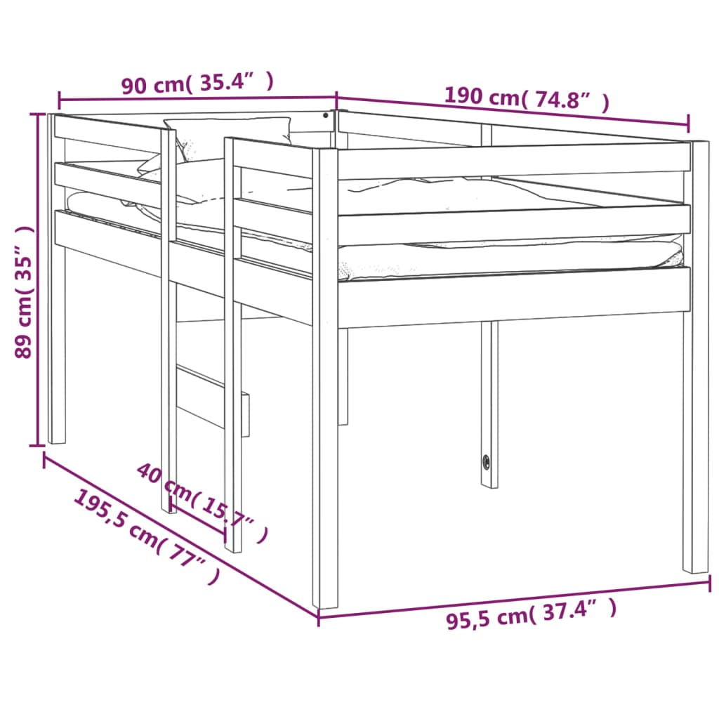 High Sleeper Bed without Mattress 90x190 cm Solid Wood Pine