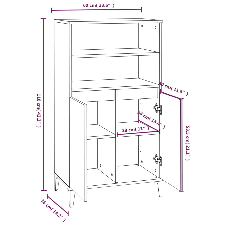 Highboard White 60x36x110 cm Engineered Wood