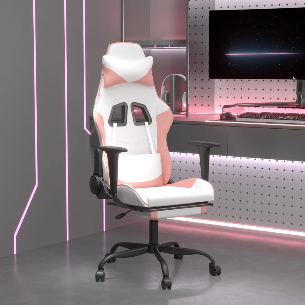 Gaming Chair with Footrest White and Pink Faux Leather