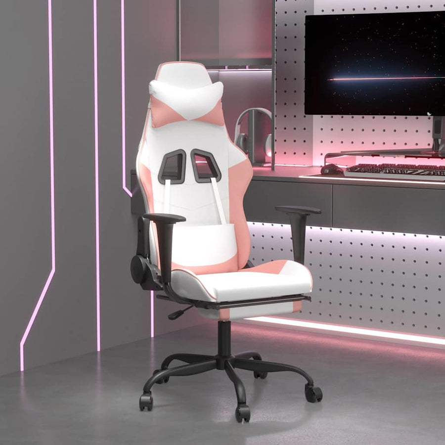 Gaming Chair with Footrest White and Pink Faux Leather
