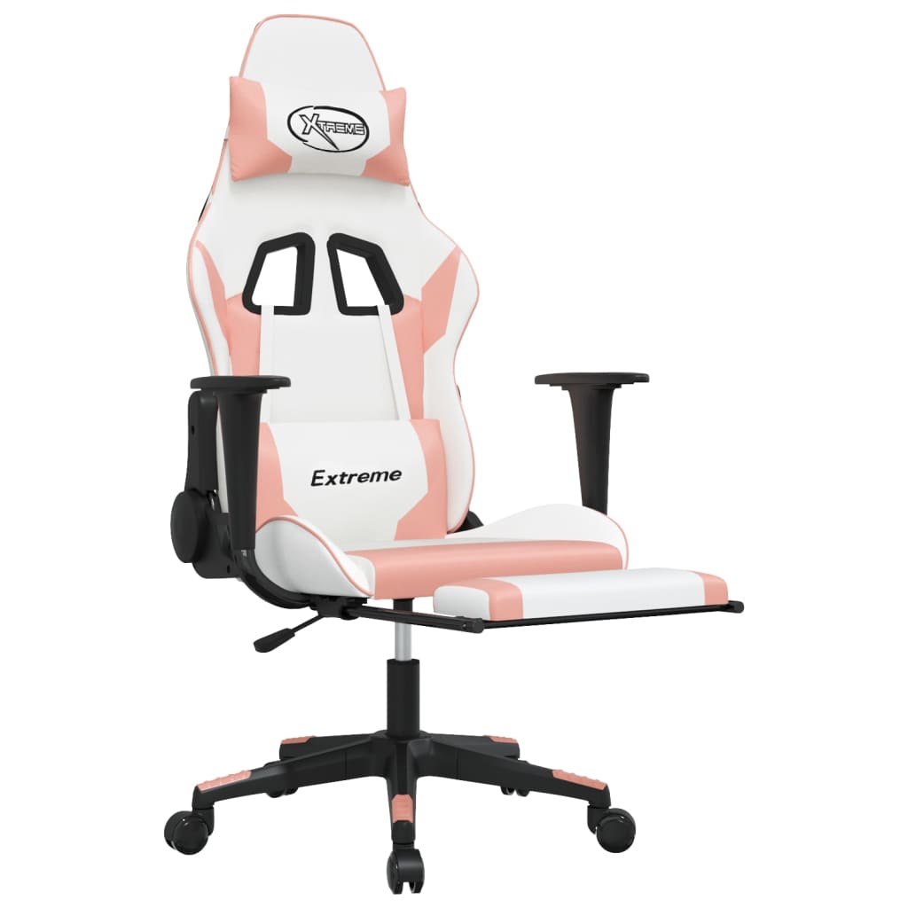 Gaming Chair with Footrest White and Pink Faux Leather