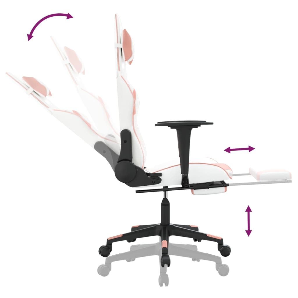 Gaming Chair with Footrest White and Pink Faux Leather