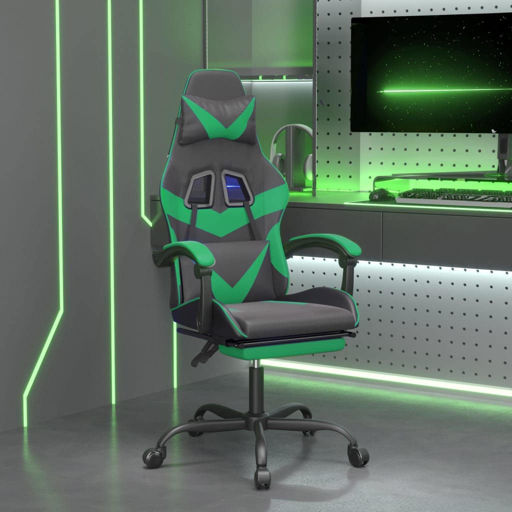 Gaming Chair with Footrest Black and Green Faux Leather