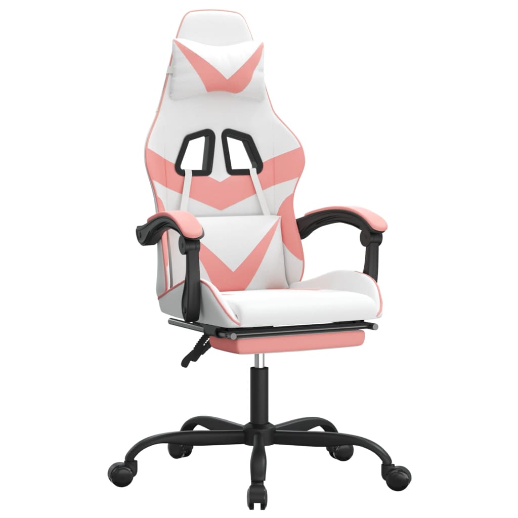 Gaming Chair with Footrest White and Pink Faux Leather
