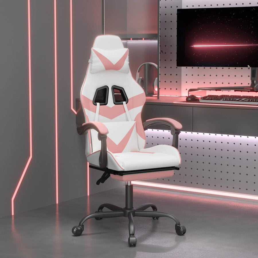 Gaming Chair with Footrest White and Pink Faux Leather