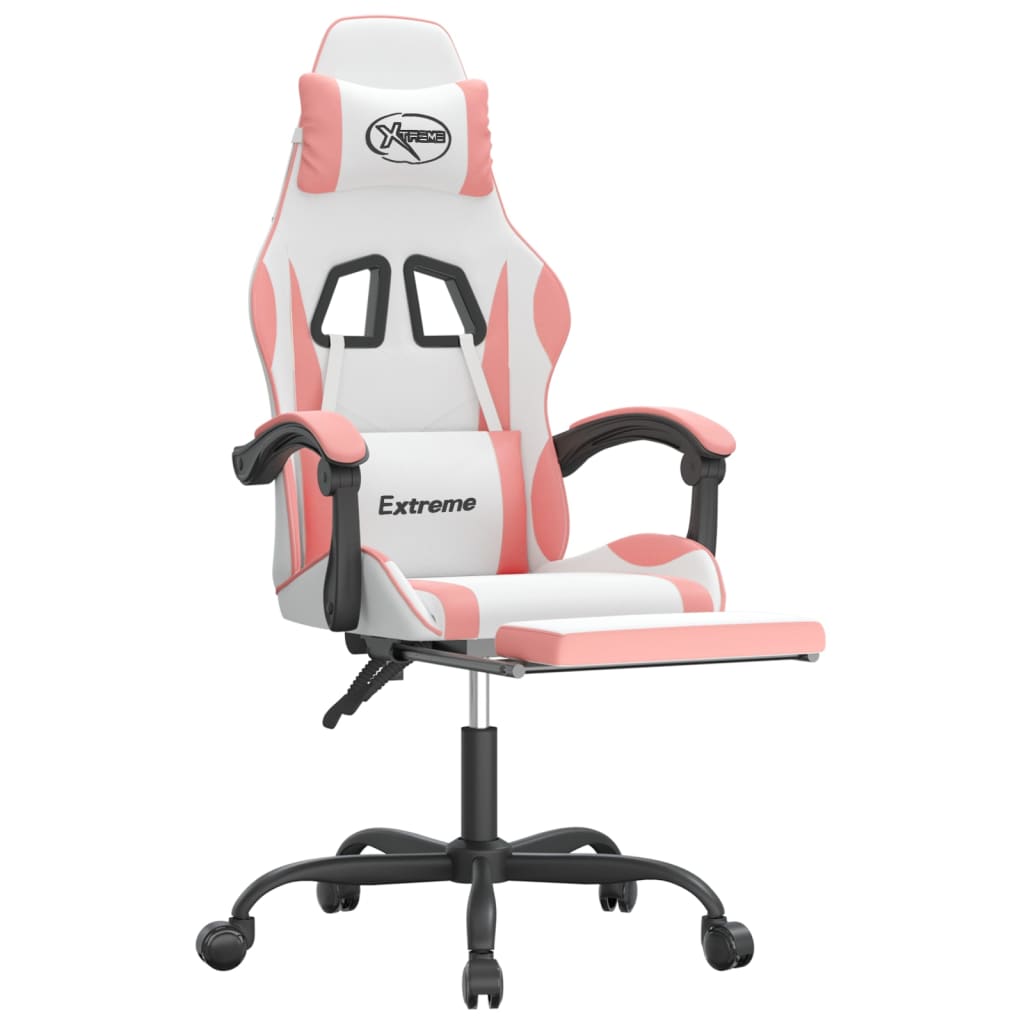 Gaming Chair with Footrest White and Pink Faux Leather