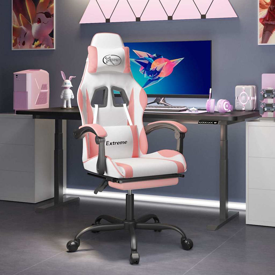 Gaming Chair with Footrest White and Pink Faux Leather