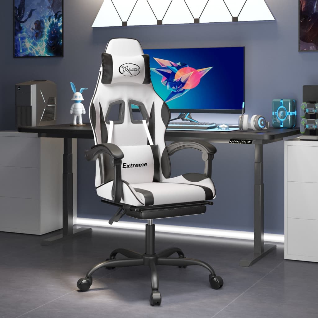 Gaming Chair with Footrest White and Black Faux Leather