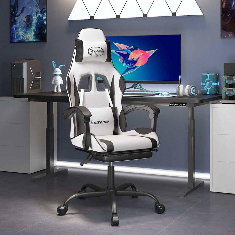 Gaming Chair with Footrest White and Black Faux Leather