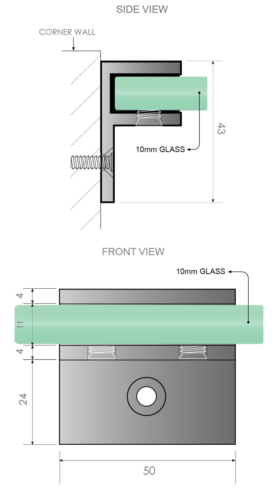 110x70cm Corner Frameless Shower Screen with Black F-Brackets and SS Hinges, Square Double Pull Handle