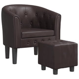 Tub Chair with Footstool Brown Faux Leather - Front View