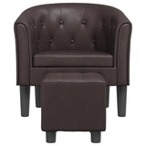 Tub Chair with Footstool Brown Faux Leather - Side View