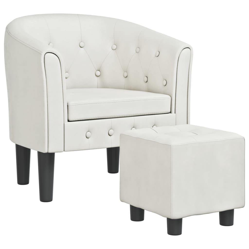 Tub Chair with Footstool White Faux Leather