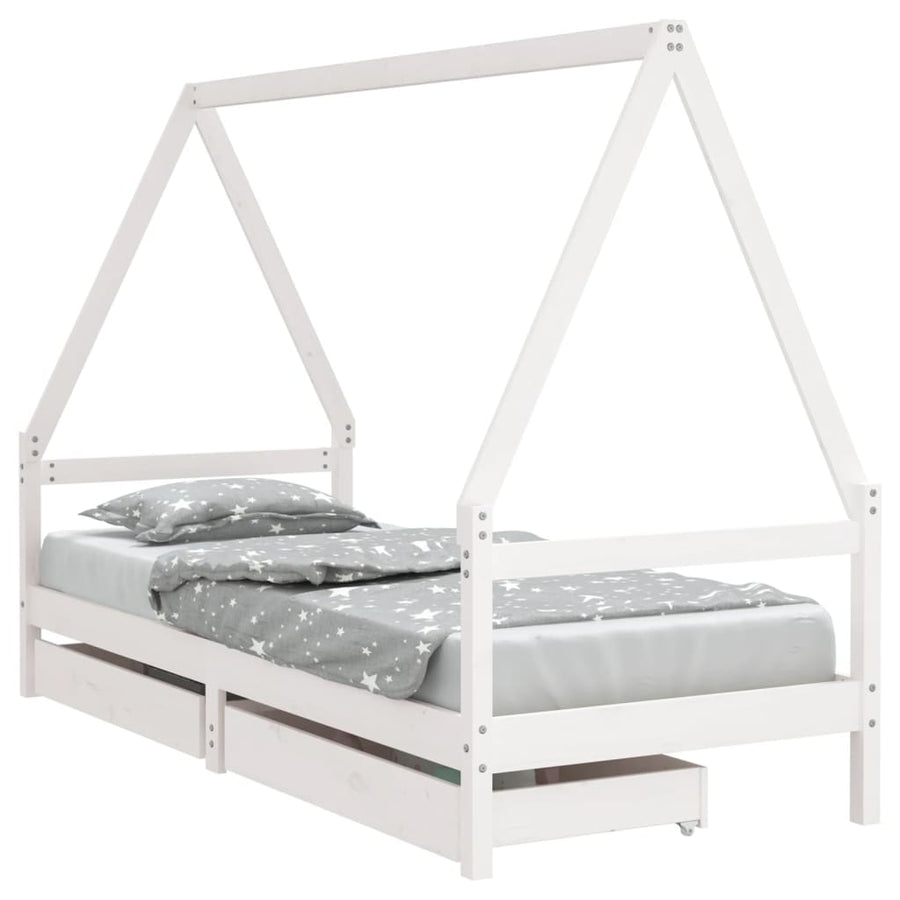 Kids Bed Frame with Drawers White 90x190 cm Solid Wood Pine, Storage