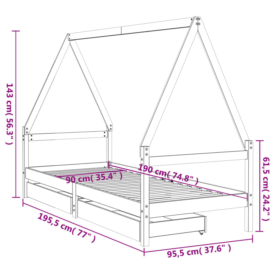 Kids Bed Frame with Drawers White 90x190 cm Solid Wood Pine, image 10