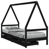 Kids Bed Frame with Drawers Black 90x190 cm Solid Wood Pine - Front View