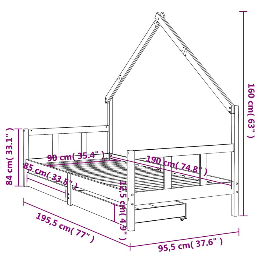 Kids Bed Frame with Drawers 90x190 cm Solid Wood Pine, image 11