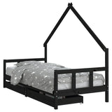 Kids Bed Frame with Drawers Black 90x190 cm Solid Wood Pine - Front View