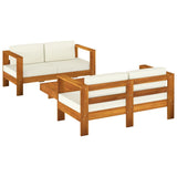 3 Piece Garden Lounge Set with Cream White Cushions Solid Wood - Front View