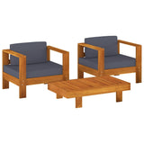 3 Piece Garden Lounge Set with Dark Grey Cushions Solid Wood - Front View