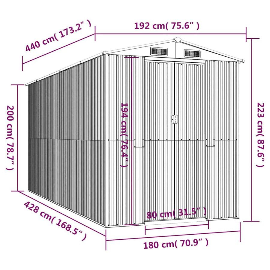 Garden Shed Light Grey 192x440x223 cm Galvanised Steel