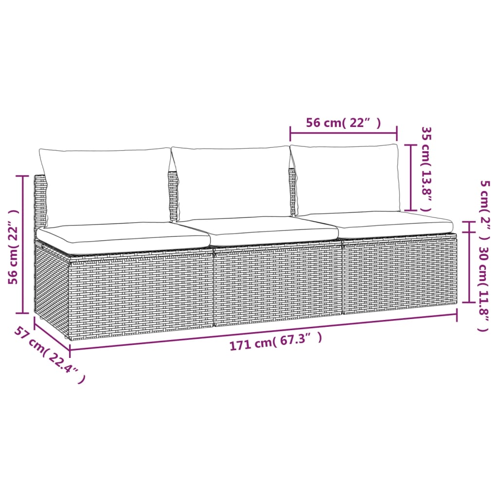 3-Seater Garden Sofa with Cushions Grey Poly Rattan