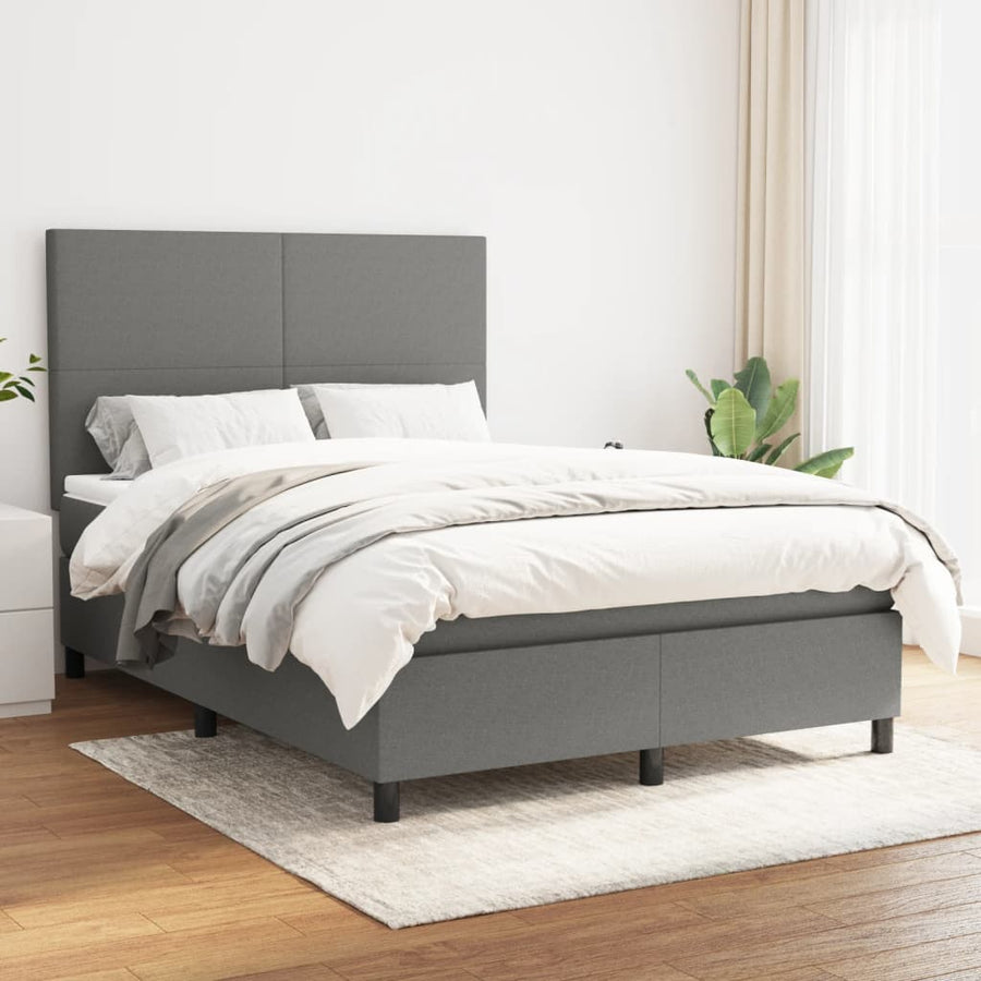 Box Spring Bed with Mattress Dark Grey 137x190 cm Double Fabric