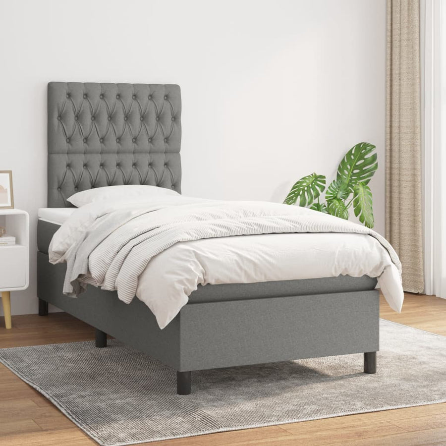 Box Spring Bed with Mattress Dark Grey 107x203 cm King Single Fabric