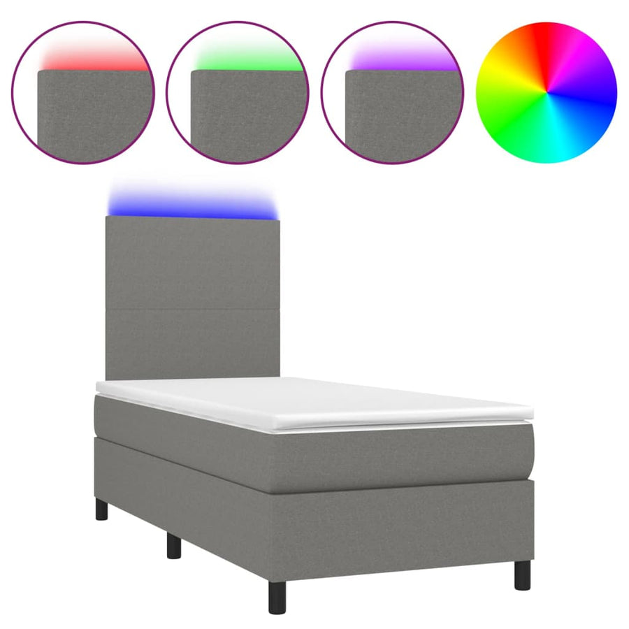 Box Spring Bed with Mattress&LED Dark Grey 107x203 cm King Single Fabric