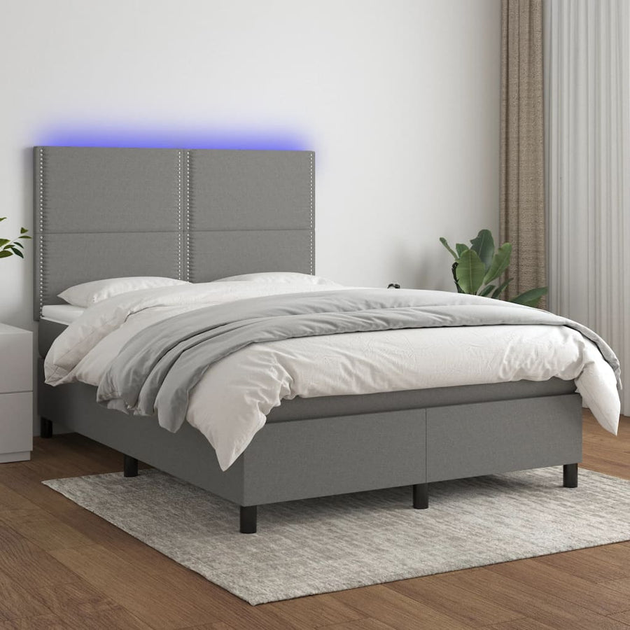 Box Spring Bed with Mattress&LED Dark Grey 137x190 cm Double Fabric