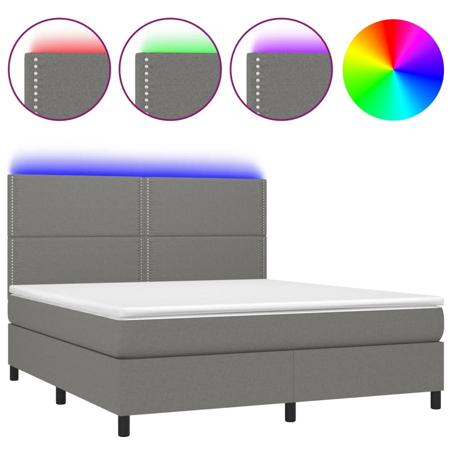 Box Spring Bed with Mattress&LED Dark Grey 152x203 cm Queen Fabric
