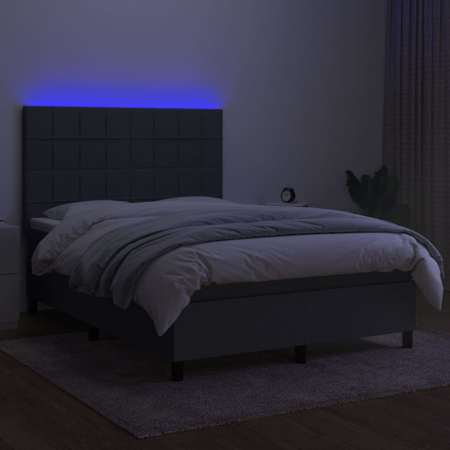 Box Spring Bed with Mattress&LED Dark Grey 137x190 cm Double Fabric