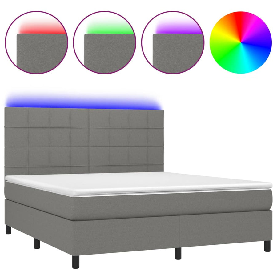 Box Spring Bed with Mattress&LED Dark Grey 152x203 cm Queen Fabric