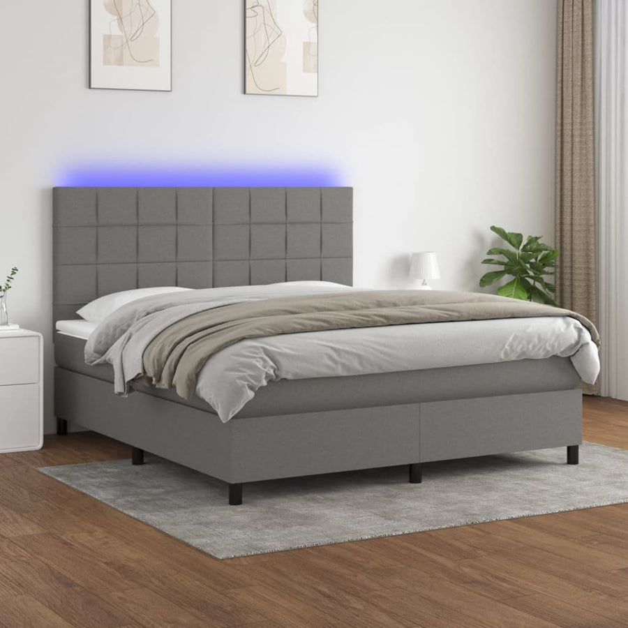 Box Spring Bed with Mattress&LED Dark Grey 152x203 cm Queen Fabric
