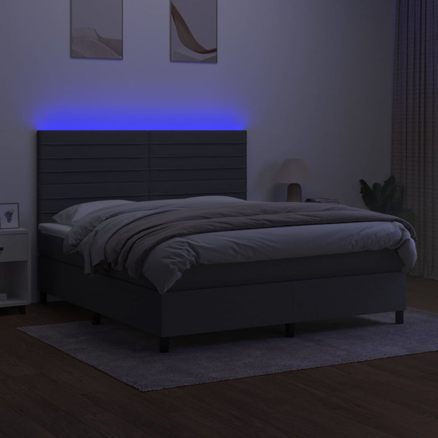 Box Spring Bed with Mattress&LED Dark Grey 152x203 cm Queen Fabric