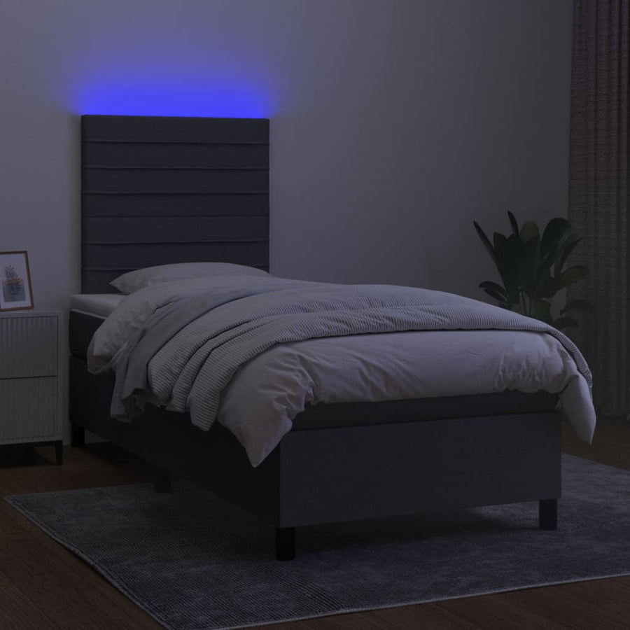 Box Spring Bed with Mattress&LED Dark Grey 107x203 cm King Single Fabric