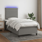 Box Spring Bed with Mattress&LED Dark Grey 107x203 cm King Single Fabric