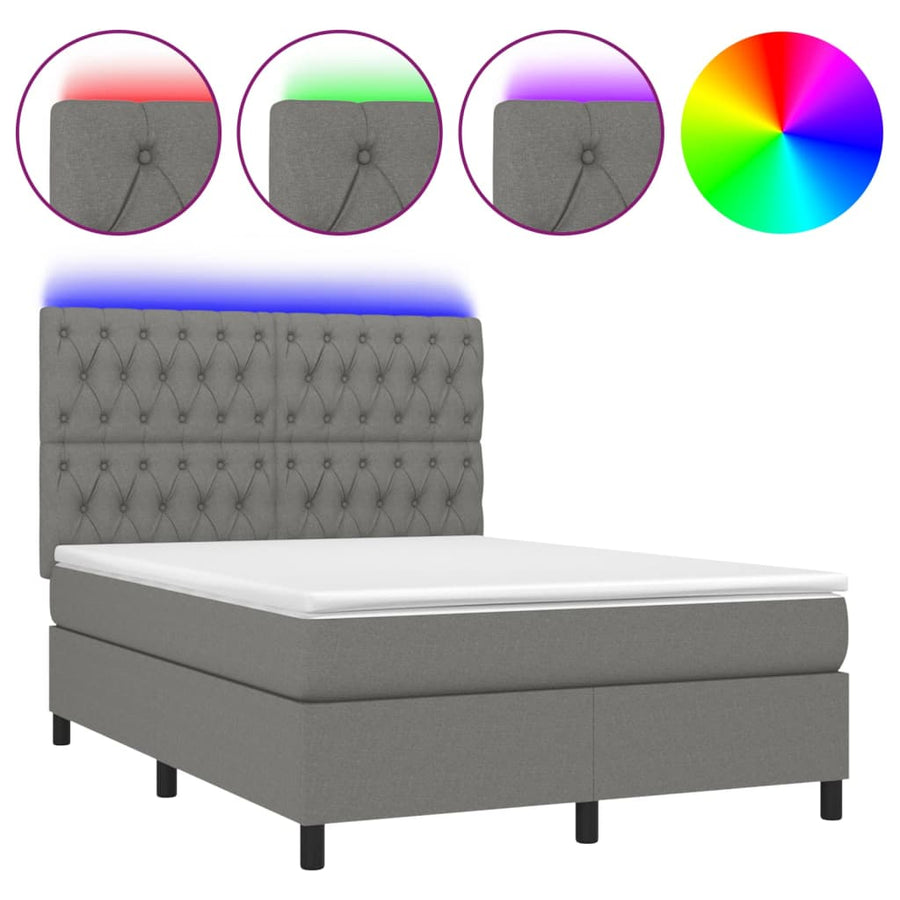 Box Spring Bed with Mattress&LED Dark Grey 137x190 cm Double Fabric