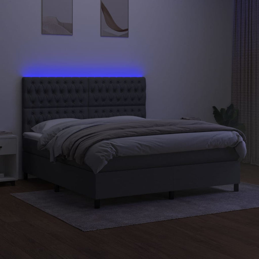 Box Spring Bed with Mattress&LED Dark Grey 152x203 cm Queen Fabric