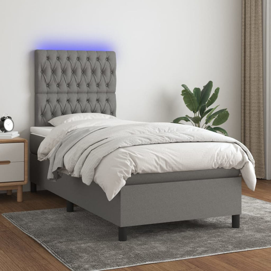 Box Spring Bed with Mattress&LED Dark Grey 107x203 cm King Single Fabric