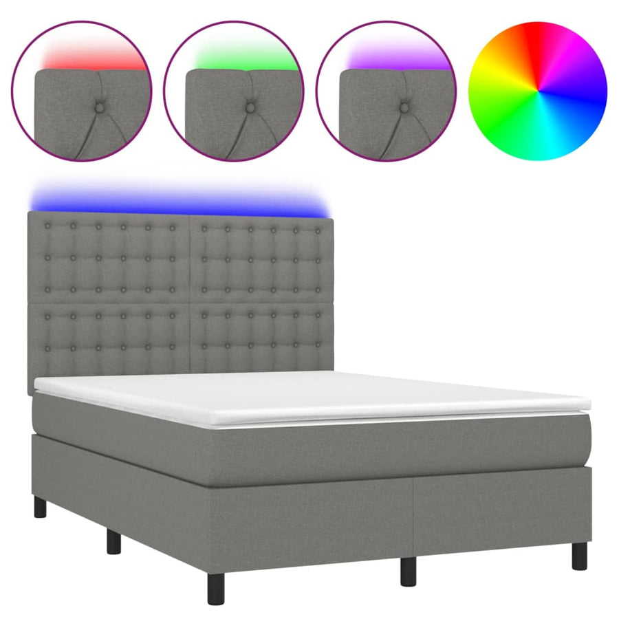 Box Spring Bed with Mattress&LED Dark Grey 137x190 cm Double Fabric
